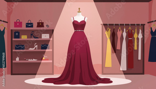 Elegant burgundy dress displayed in a chic boutique