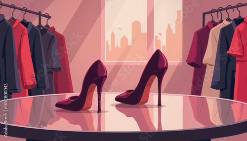 Stylish high heels on glass table against urban boutique background