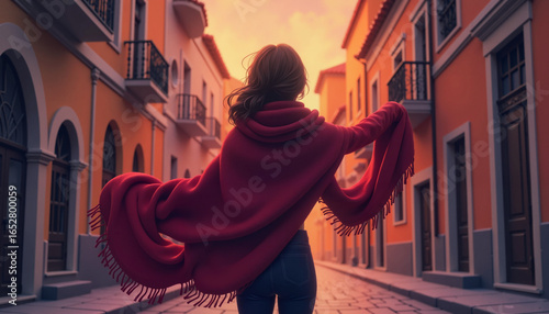 Woman enjoying sunset in colorful street