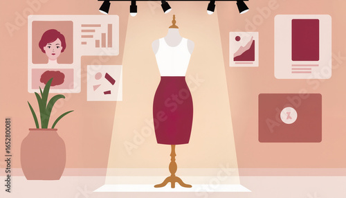 Stylized mannequin wearing a skirt in a design studio background