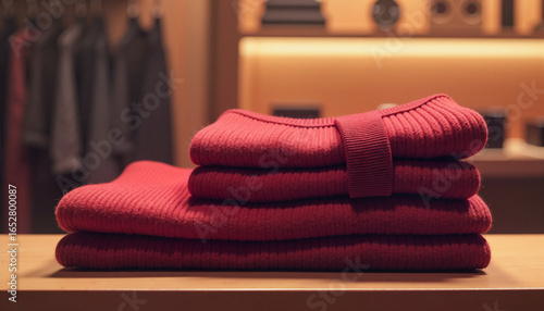 Stacked red sweaters on wooden display table