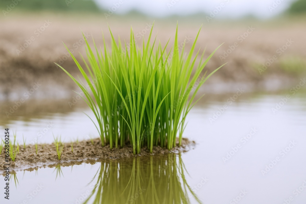 Fototapeta premium Lush Green Rice Seedlings Growing in a Flooded Field, Symbolizing Agriculture and Sustainable Farming