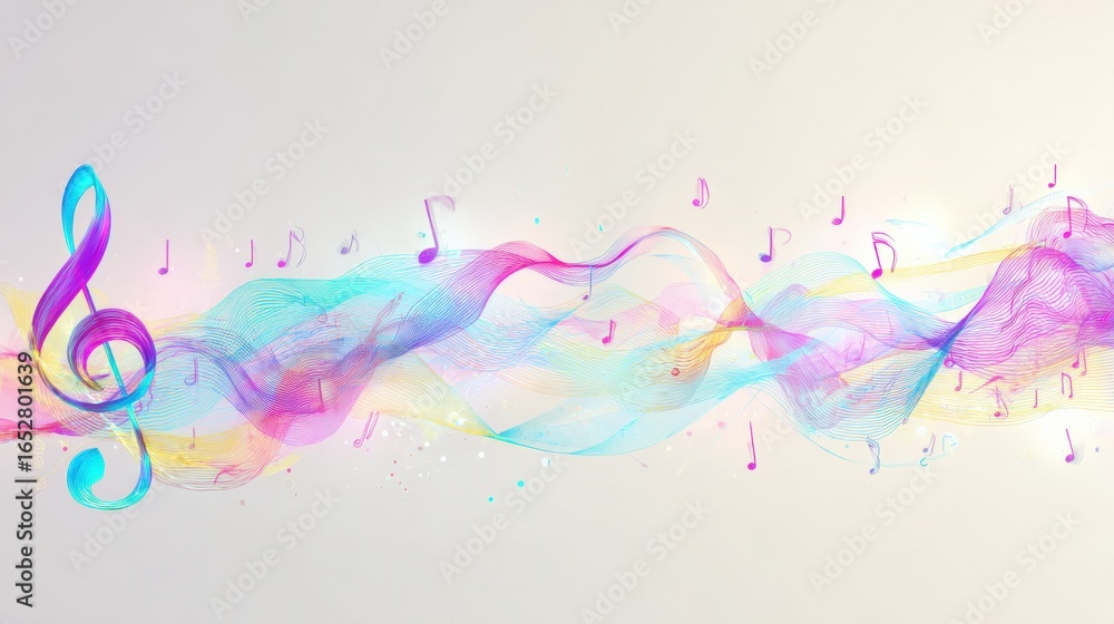 Obraz premium Colorful Music Notes and Treble Clef Flowing in a Wave, Abstract Musical Background
