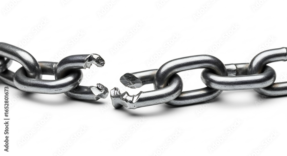Obraz premium A single, dramatically broken metal chain link against a pristine white background, powerfully symbolizing vulnerability, weakness, disruption, and the critical point of failure.