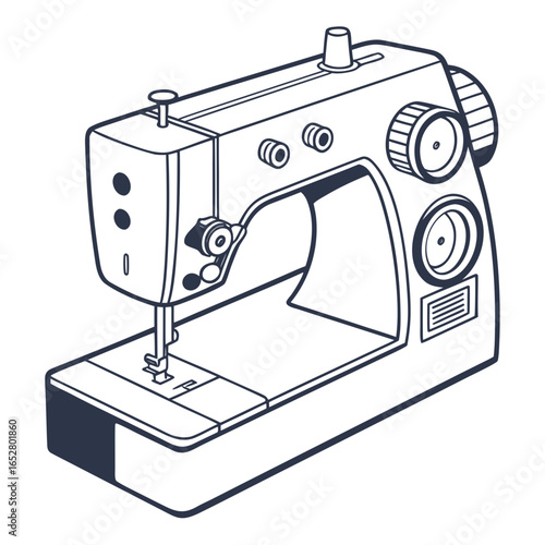 Illustration of a sewing machine on a white background, showcasing its intricate design and functionality isolated on white background