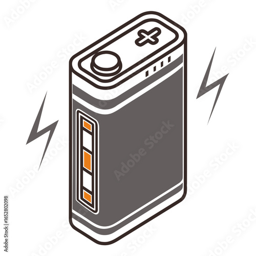 Isometric 9 volt battery with lightning bolts isolated on white background, symbolizing power and energy for electronic devices