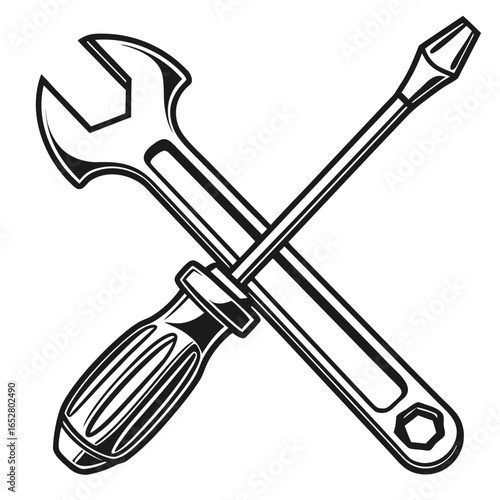 Wrench and screwdriver crossed isolated on white background, symbolizing repair, construction, and maintenance work with industrial equipment