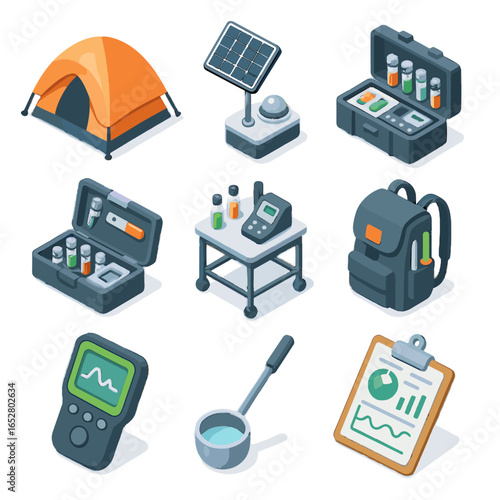 Case environmental sample icon scoop monitor data tent testing research vector kit
