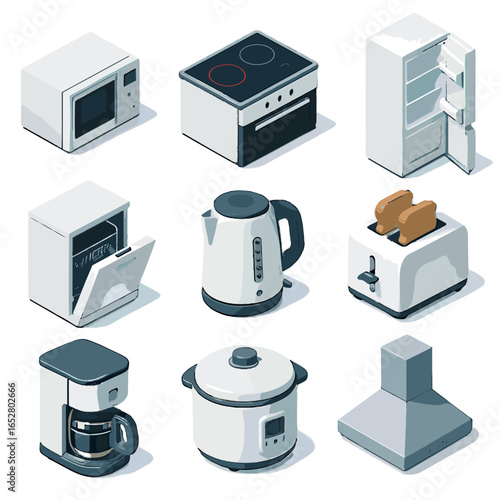 Electric dishwasher isometric hood cooker kettle coffee toaster fridge kitchen icon vector