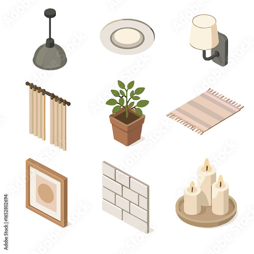 Recessed decor vector icons curtain set herb candle icon window backsplash wall