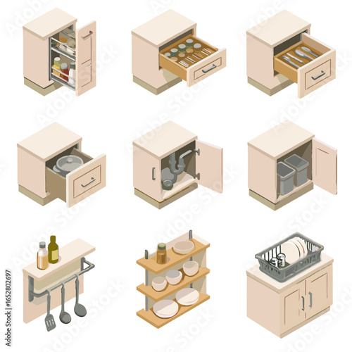 Lazy icon vector open rack shelving drawer pantry utensil kitchen storage icons