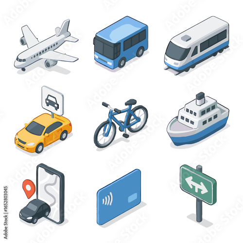 Route vector sign transport set car train transit airplane rideshare ferry icon