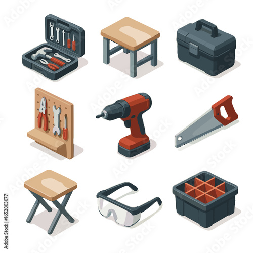 Kit pegboard workshop icon compact starter small handsaw bench stool vector bin