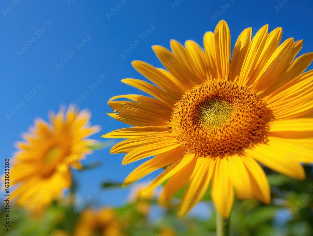 Obraz premium Bright Yellow Sunflowers Against a Clear Blue Sky, Capturing the Essence of Summer Season