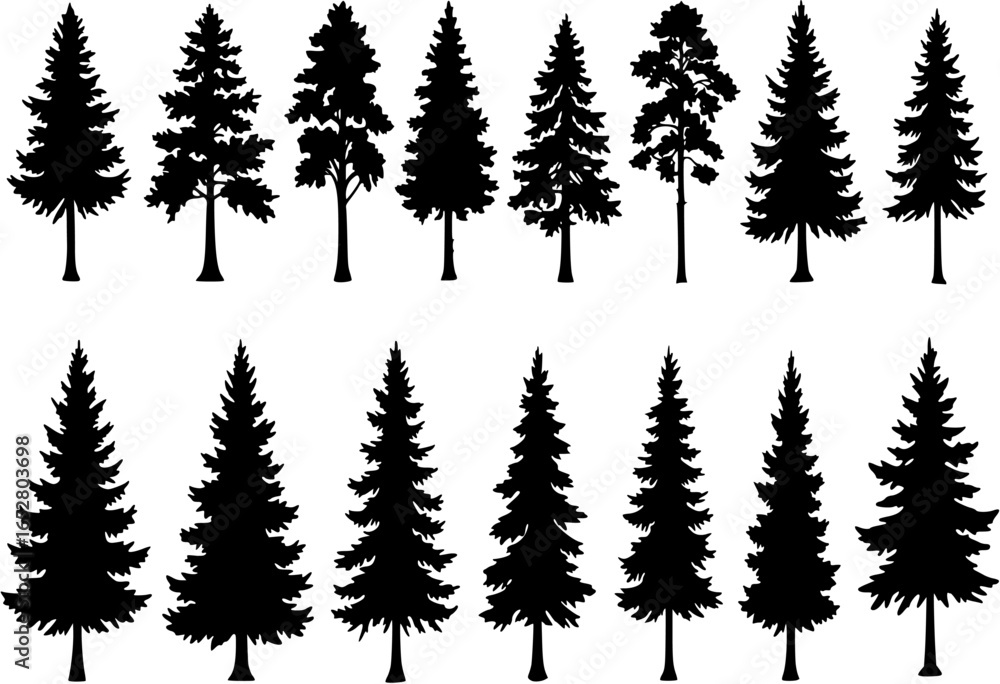 Obraz premium Pine tree silhouettes. Evergreen forest firs and spruces black shapes, wild nature trees templates. Vector illustration woodland trees set on white background