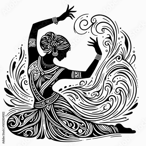 Silhouette of a dancer performing Kathak with flowing patterns around  