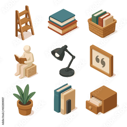 Isometric figurine pot essentials set book ladder bookend vector icon shelf holder
