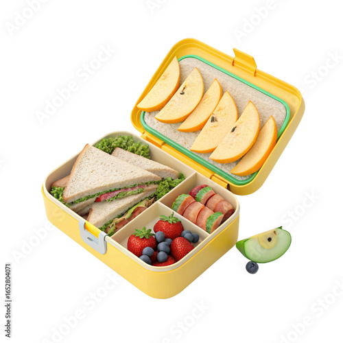 3d render icon of a packed lunchbox with a sandwich, lunch, tiffin, breakfast, and fruit.