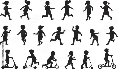Children running silhouettes, kids playing vector, scooter riding boys, active girls clipart, childhood movement design, sports activity, outdoor fun, flat vector illustration