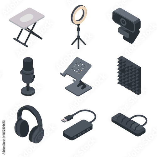 Webcam vector isometric external remote laptop hub icon desk acoustic studio ring