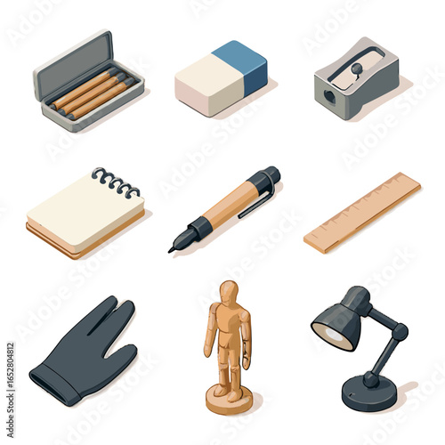Supplies mannequin lamp pen sharpener isometric art vector icon pencil drawing set