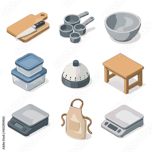 Mixing bowl board measuring cutting food prep icons scale timer meal vector