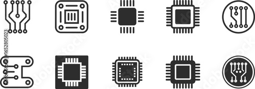 Collection of computer chip icons, microprocessor vector illustration, circuit board technology design, electronic component symbols, digital processor hardware, semiconductor device,