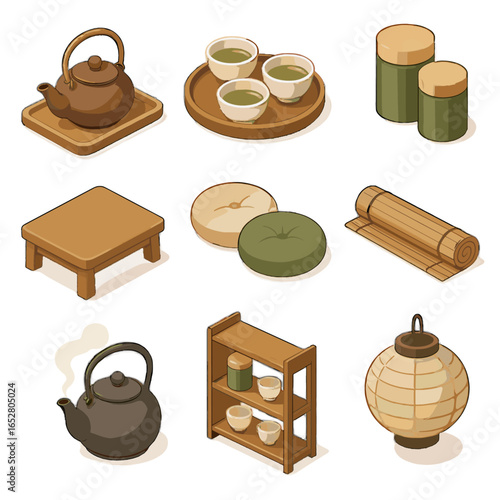 Vector bamboo room mat lantern floor icon tray tea cups essentials kettle