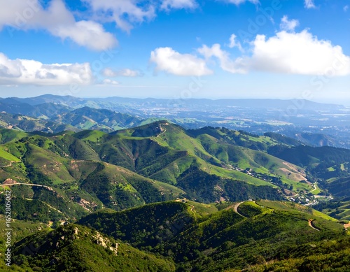 Rolling Green Hills of California Landscape under a Bright Blue Sky with Clouds