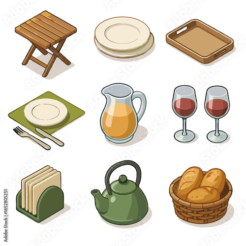 Foldable icon wine kettle place dining icons terrace vector bread pitcher napkin