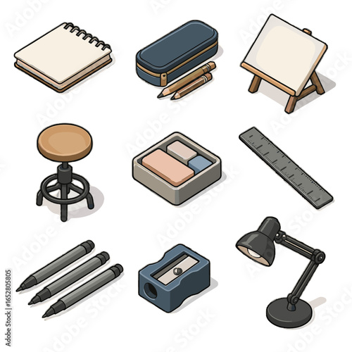 Isometric desk case lab drawing liners sketch icon stool ruler sharpener pencil