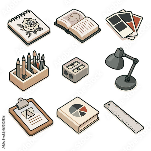 Sketchpad vector desk art s artist tattoo icon supplies ink reference tray