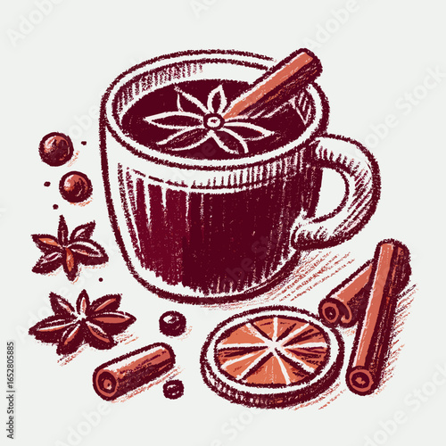 Mulled wine with spices and orange garnish in cozy illustration  