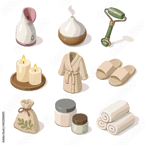 Roller essentials slippers aromatherapy icon jars diffuser massage towels spa vector sachet