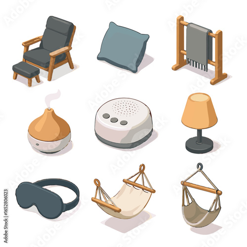 Library icon reclining footrest machine diffuser blanket relaxation mask warm vector icons
