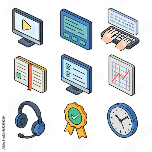 Notebook monitor digital screen icon icons headset test vector skill time keyboard