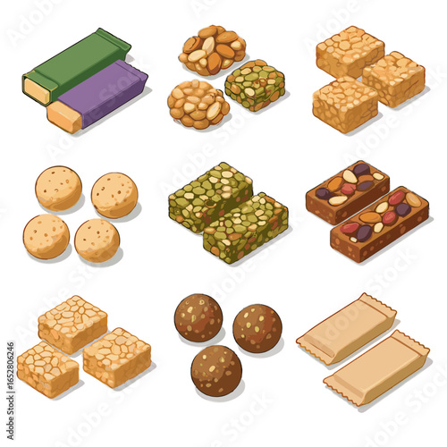 Rice clusters icons healthy crisp squares bars snack oat nut protein icon