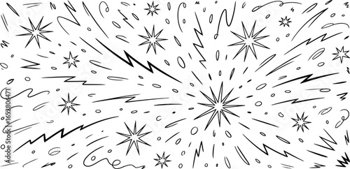 Hand-Drawn Abstract Vector Seamless Pattern: Chaotic Comic Doodle Background with Lightning Bolts and Starbursts
