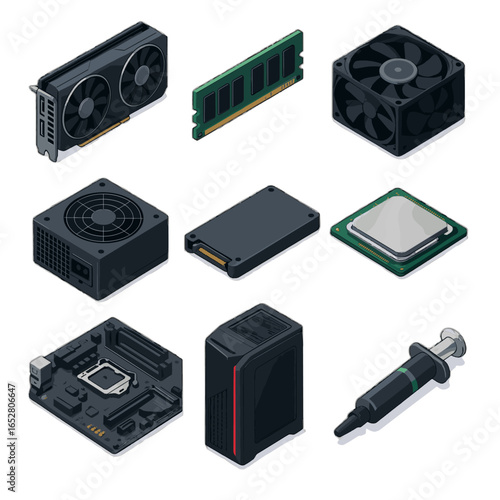 Case stick pc card fan icon gaming components ram cpu thermal vector