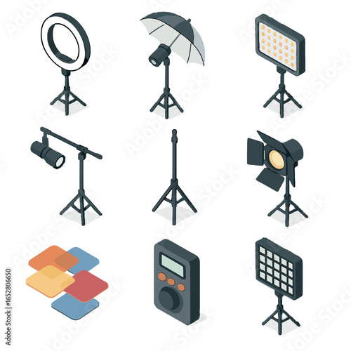 Softbox tool boom umbrella barn overhead setup icon controller lighting set vector