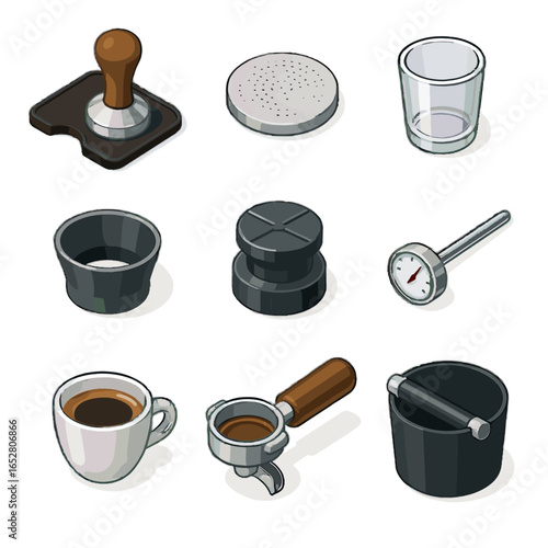 Coffee tamper icon shot cup mat box screen thermometer vector barista grid