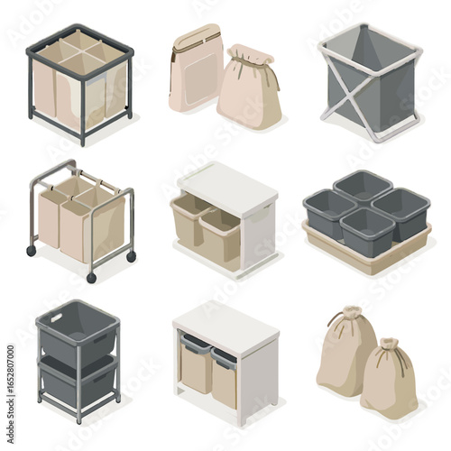 Laundry rolling vector collapsible bags compartment mesh icon isometric stacked bin drawstring