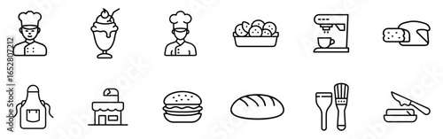 Collection of bakery and food line icons including chef, ice cream sundae, bread, burger, coffee machine, bakery shop, apron, cookies, butter, and baking tools, perfect for restaurant, cafe, patisseri