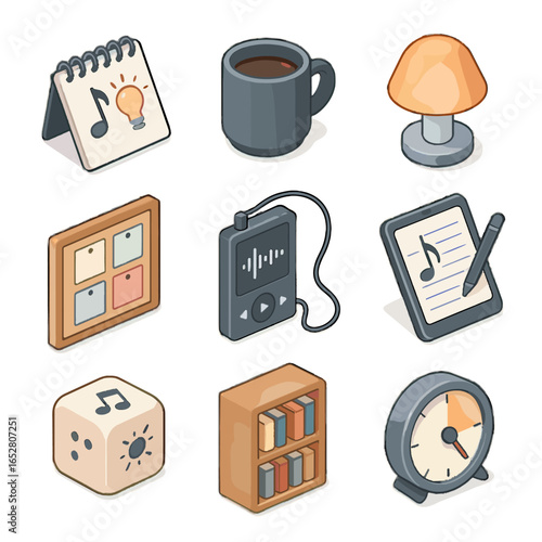 Ambient lamp notepad icon inspiration reference mug icons dice board vector musical