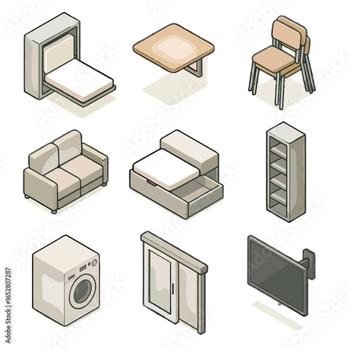 Sofa door drawer chairs compact foldable tv vector isometric vertical storage icon