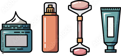  Set of Skincare and Beauty Icons: Moisturizer, Lotion, Face Roller, and Cleanser Products for Wellness