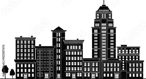 Black city skyline illustration, urban downtown architecture silhouette, high rise buildings, modern skyscraper, residential apartments, cityscape vector design, real estate