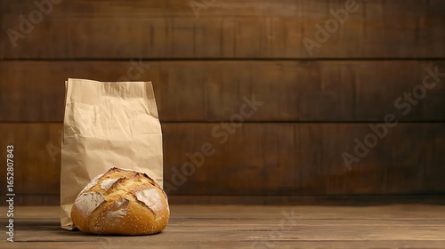 Freshly baked bread in a paper bag on a wooden surface