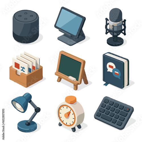 Multilingual speaker microphone icon tools language chalkboard notebook translation learning vector stand