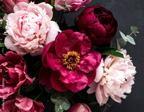 Close-up of a vibrant bouquet of peonies